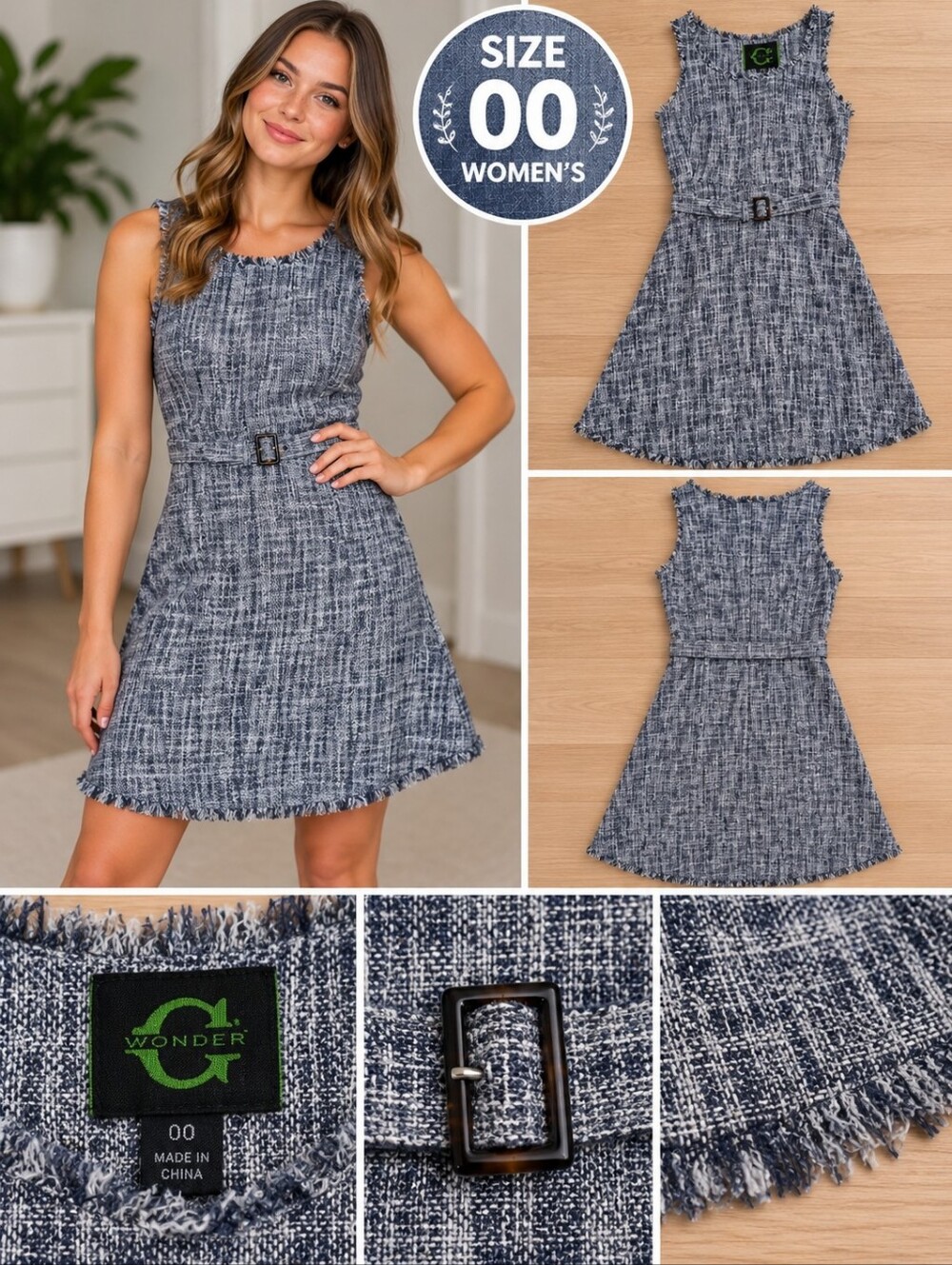 C wonder women's size 00 blue twead knee length dress #34
